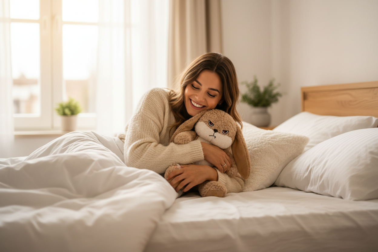 Chica sola en cama abrazando conejito